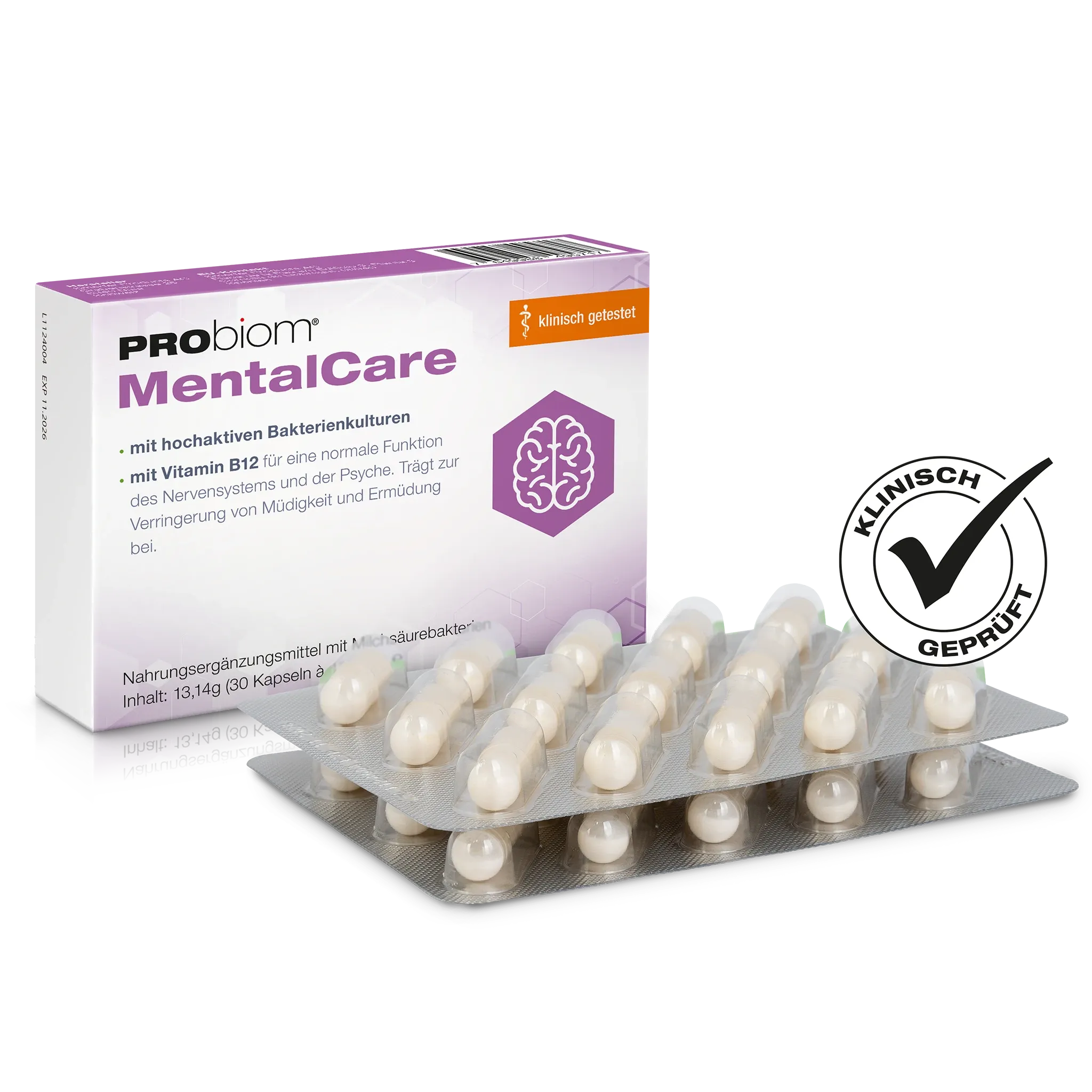PRObiom® MentalCare Verpackung mit Blister – 30 Kapseln, mit Vitamin B12 und lebenden Bakterienkulturen.